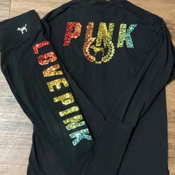 PINK Victoria's Secret rainbow ombré bling tshirt/ leggings outfit set S/M - Picture 2 of 12